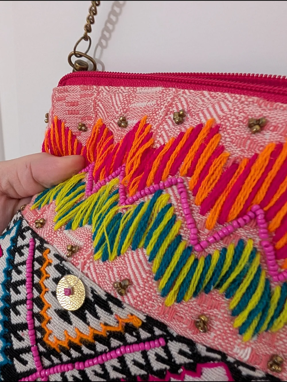 Fabulous MJ New York Boho Embroidered Crossbody Bag Pom Pom Beaded